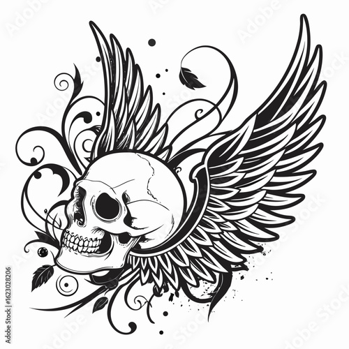 Skull with floral elements line art