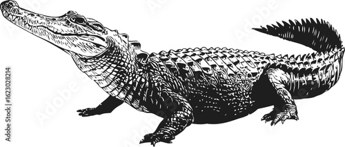Black and white illustration of a crocodile in detailed line art style. Vector illustration