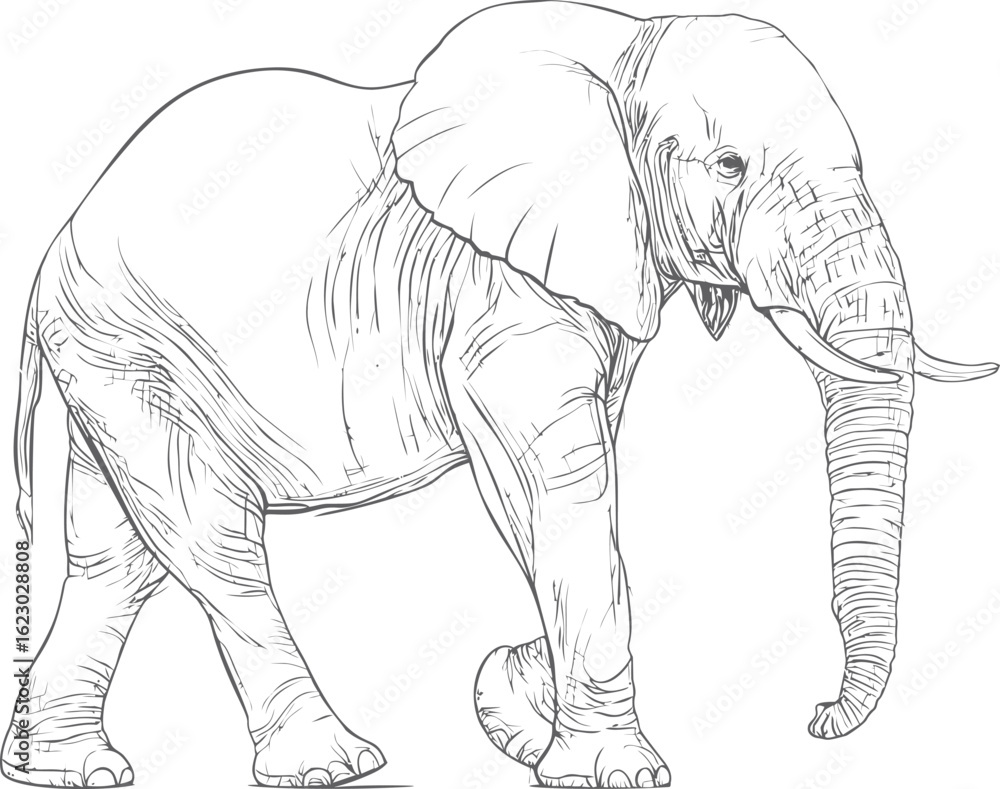 Fototapeta premium Black and white line drawing of an elephant with detailed texture. Vector illustration