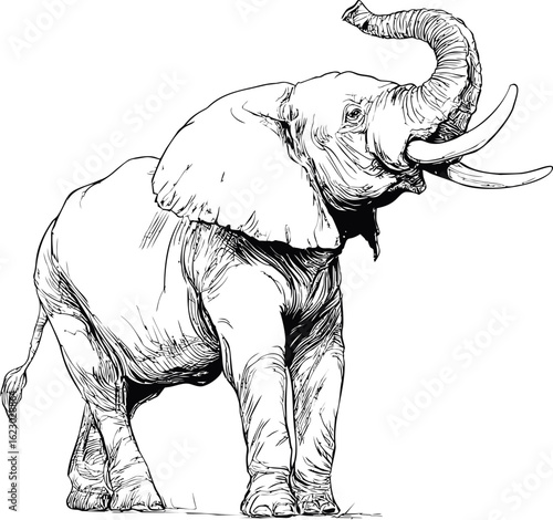 Black and white sketch of a majestic elephant in profile, artistic illustration. Vector illustration