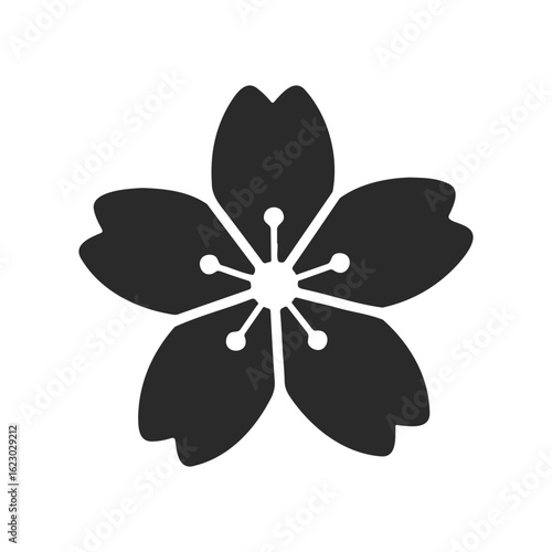 Black silhouette of sakura flower with five petals and central stamens