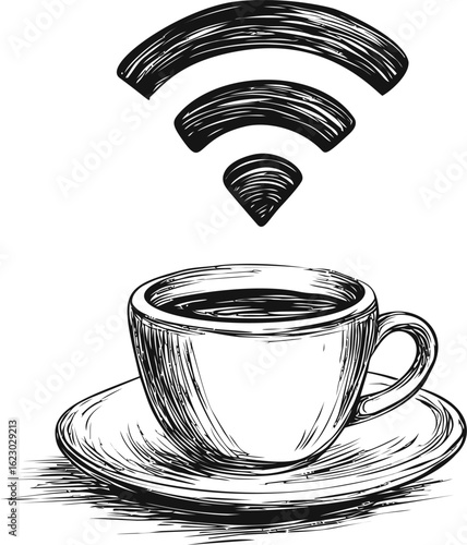 Black and white illustration of coffee cup with wifi symbol above, digital art. Vector illustration