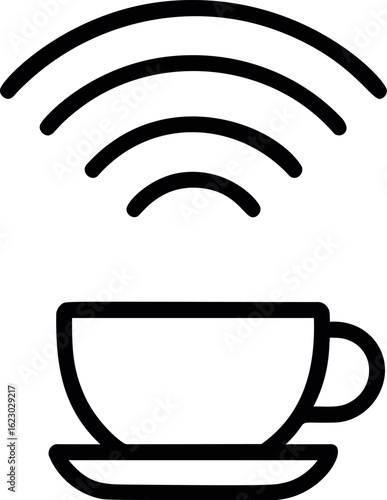 Black outline of a coffee cup with wifi symbol above, minimalist design. Vector illustration