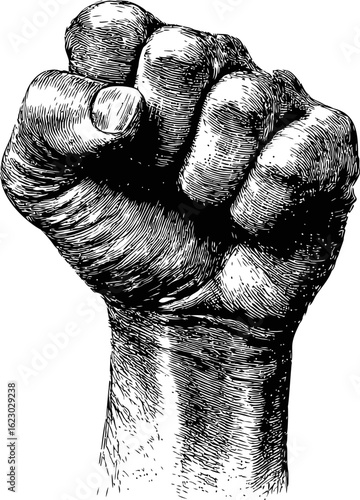 Raised clenched fist in black and white sketch representing power and unity. Vector illustration