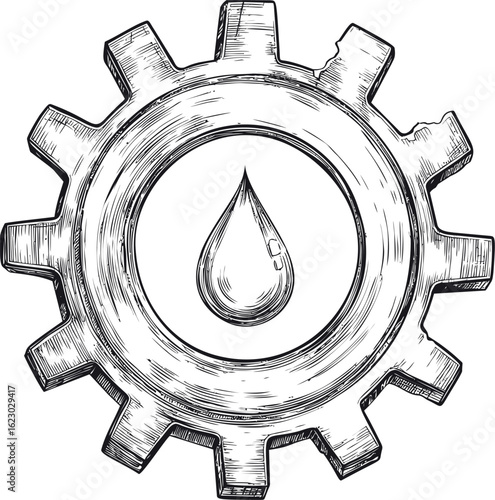 Gear with oil drop in black and white illustration, industrial design concept. Vector illustration