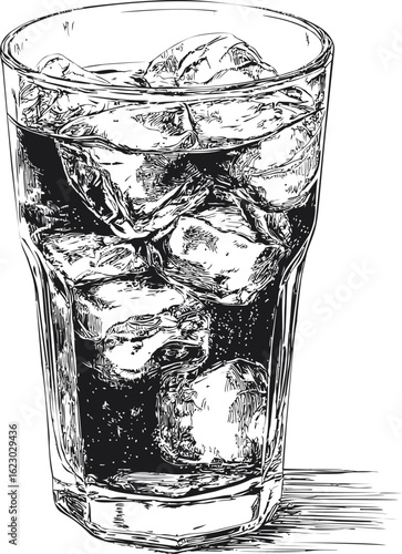 Sketch of a glass with ice cubes and soda in detailed ink drawing. Vector illustration