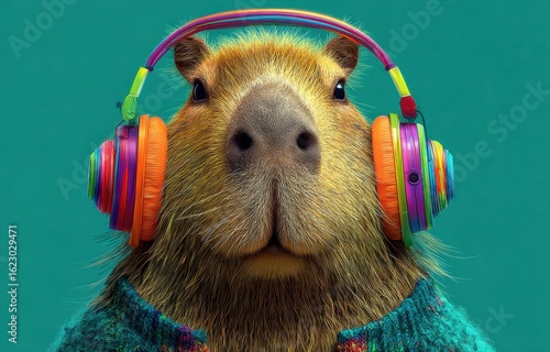Capybara wearing colorful rainbow headphones on turquoise background looking cute and funny