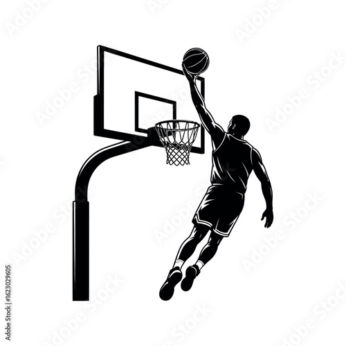Black silhouette of a basketball player dunking a ball over a hoop slam dunk