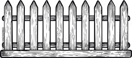 Hand-drawn wooden picket fence in black and white illustration style. Vector illustration