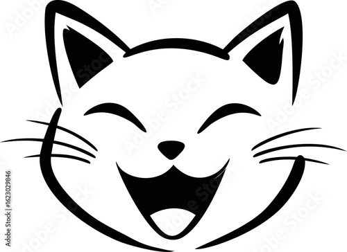 Smiling cat face graphic in black and white lines, cartoon illustration. Vector illustration
