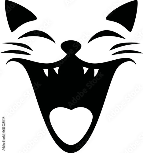 Black and white silhouette of a grinning cat face with heart-shaped mouth. Vector illustration