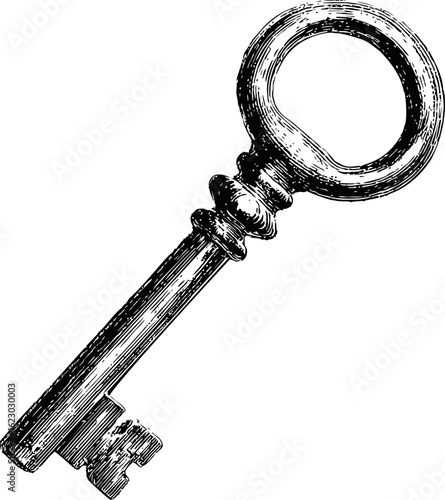 Detailed black and white illustration of an antique skeleton key. Vector illustration