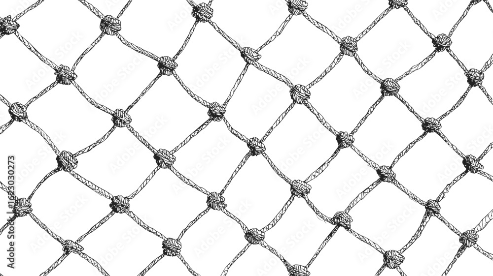 Naklejka premium Close-up of a monochrome fishing net pattern with knots and woven texture. Vector illustration