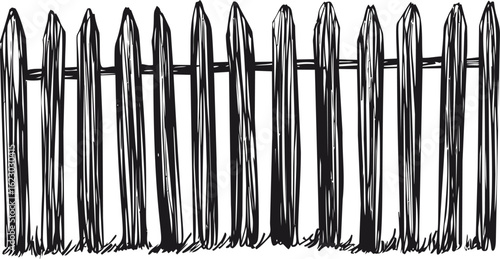 Black and white sketch of a wooden picket fence with rough texture. Vector illustration