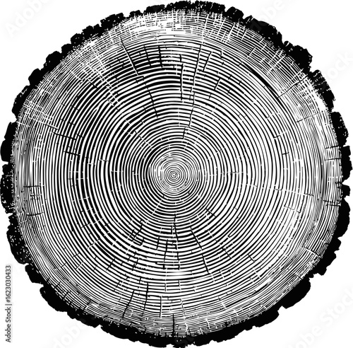 Cross section of tree trunk showing growth rings in intricate black and white design. Vector illustration