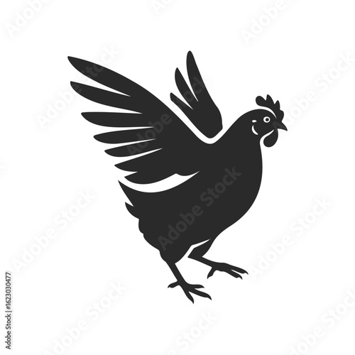 Silhouette of a chicken with wings spread on white background