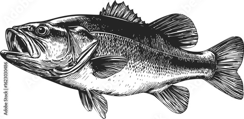 Detailed black and white illustration of a largemouth bass with open mouth. Vector illustration