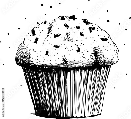 Black and white sketch of a muffin with sprinkles, classic pastry illustration. Vector illustration