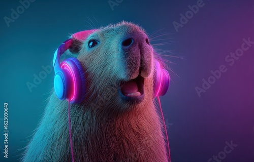 Cute capybara wearing headphones listening to music in neon studio light