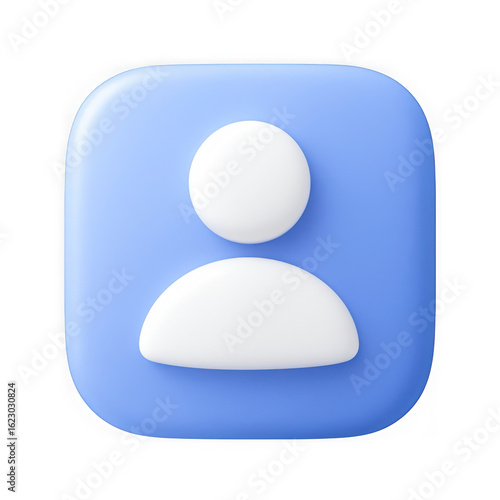 Stylized 3d rendering of a soft blue user profile icon with a white silhouette of a person isolated on transparent background