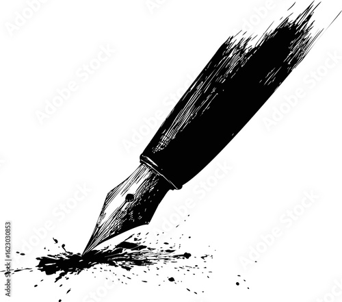 Fountain pen in dynamic motion with ink splatters in black and white illustration. Vector illustration