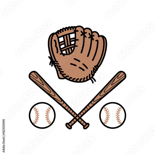 Brown baseball glove crossed bats and two baseballs on white background baseball bat sports equipment