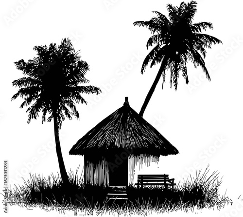 Silhouette of tropical hut with palm trees and bench in black and white art. Vector illustration
