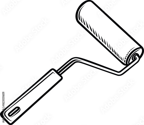 Monochrome illustration of a paint roller tool with ergonomic handle, line art. Vector illustration