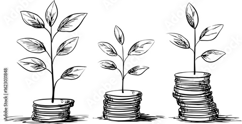 Three plants growing on stacked coins symbolizing financial growth. Vector illustration