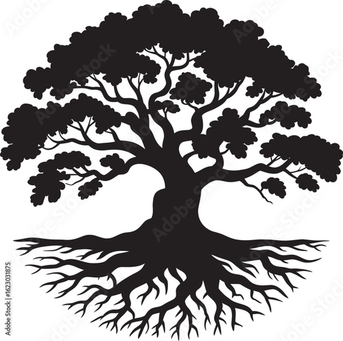 Minimalist Oak Tree Vector Silhouette Featuring Roots, Designed for Use in Nature Logos, Environmental Conservation Graphics, Landscaping Business Icons, and Monochrome Vector Illustrations

