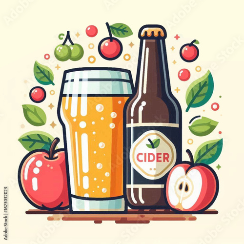 A graphic illustration of a bottle and glass of sparkling cider, accompanied by fresh red apples and sweet cherries.