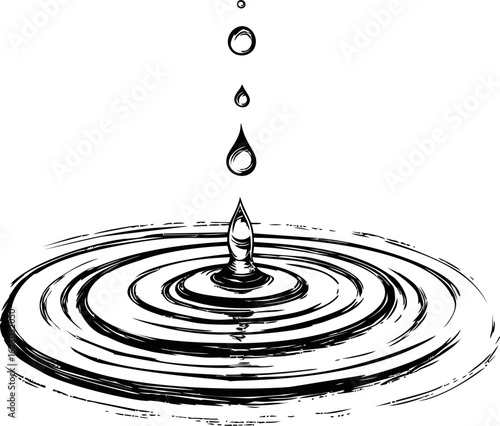 Water droplets creating ripples in a black and white illustration. Vector illustration