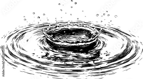 Black ink ripple with droplets creating a crown splash in water. Vector illustration