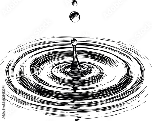 Illustration of water drop causing ripples with black and white lines. Vector illustration