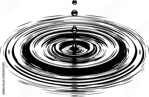 Black ink water droplet creating ripples, abstract art. Vector illustration