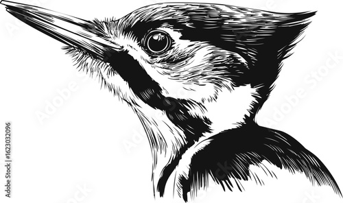 Black and white sketch of a woodpecker head with detailed feather texture. Vector illustration