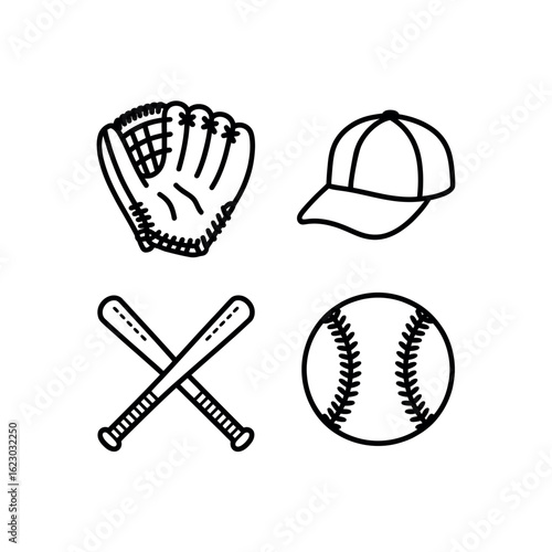 Baseball glove cap crossed bats and ball simple line art icons baseball cap baseball bat