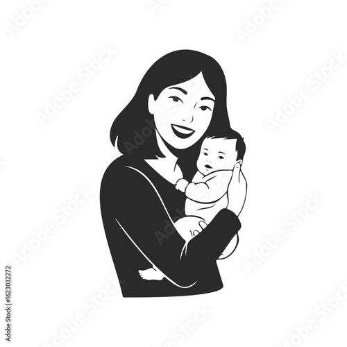 Smiling asian female adult holding baby in black and white illustration