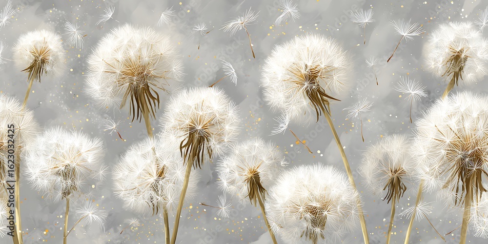 Obraz premium Closeup view of delicate dandelion seed heads against a soft grey background