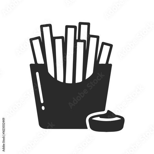 Silhouette of french fries with dipping sauce in black and white
