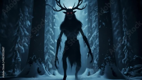 A terrifying antlered creature with glowing red eyes stands in a dark, snow-covered winter forest under the pale moonlight.