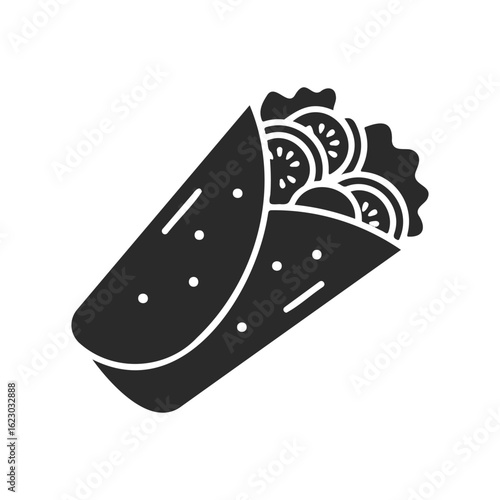 Black and white icon of a burrito with vegetables and tortilla wrap