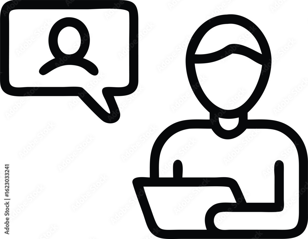 Fototapeta premium Online Communication Icon: A minimalist, flat vector icon represents online communication, showing a person interacting with a digital tablet and a chat bubble with a profile silhouette.