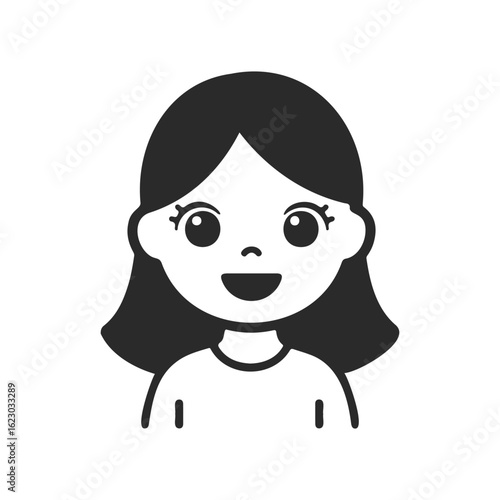 Cartoon illustration of smiling female child with dark hair on white background