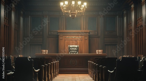 Empty courtroom interior, grand wooden paneling, chandelier, formal meeting