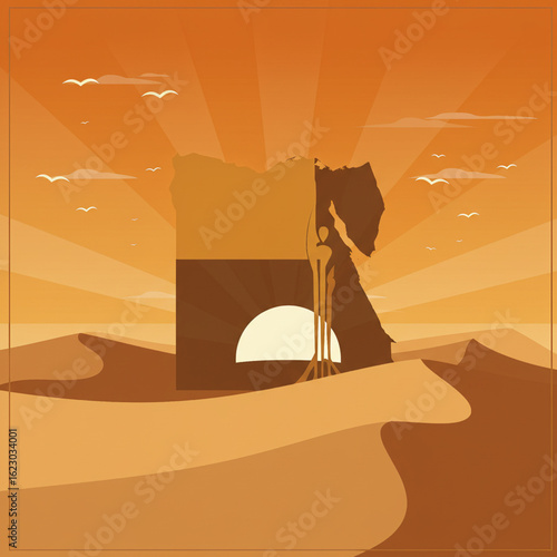 Minimalist Egypt silhouette at sunset with sand dunes and birds