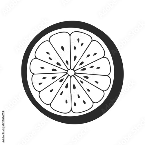 Black and white citrus slice illustration with symmetrical segments