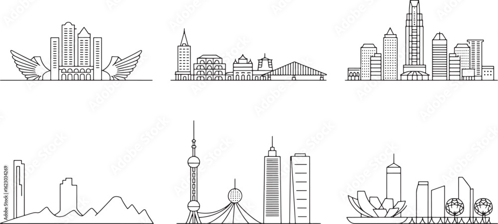 Naklejka premium Detailed Line Art of World City Skylines on Transparent Background for Architectural Designs