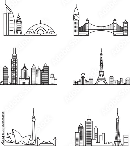 Detailed Line Art of World City Skylines on Transparent Background for Architectural Designs