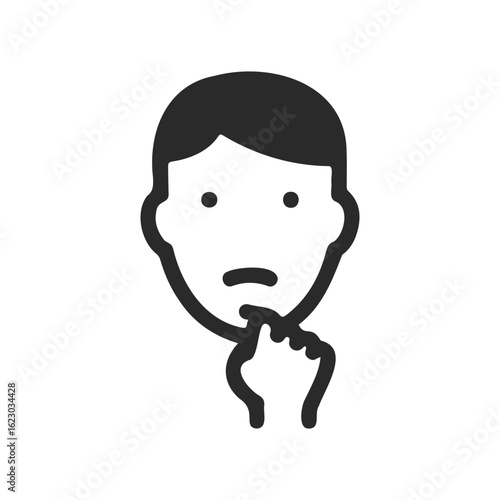 Simple icon of pensive human face with hand on chin